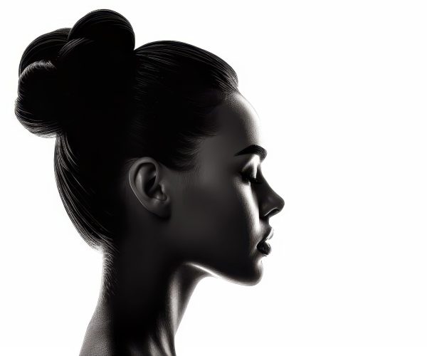 Artistic black and white depiction of a beautiful woman with a stylish hairdo.